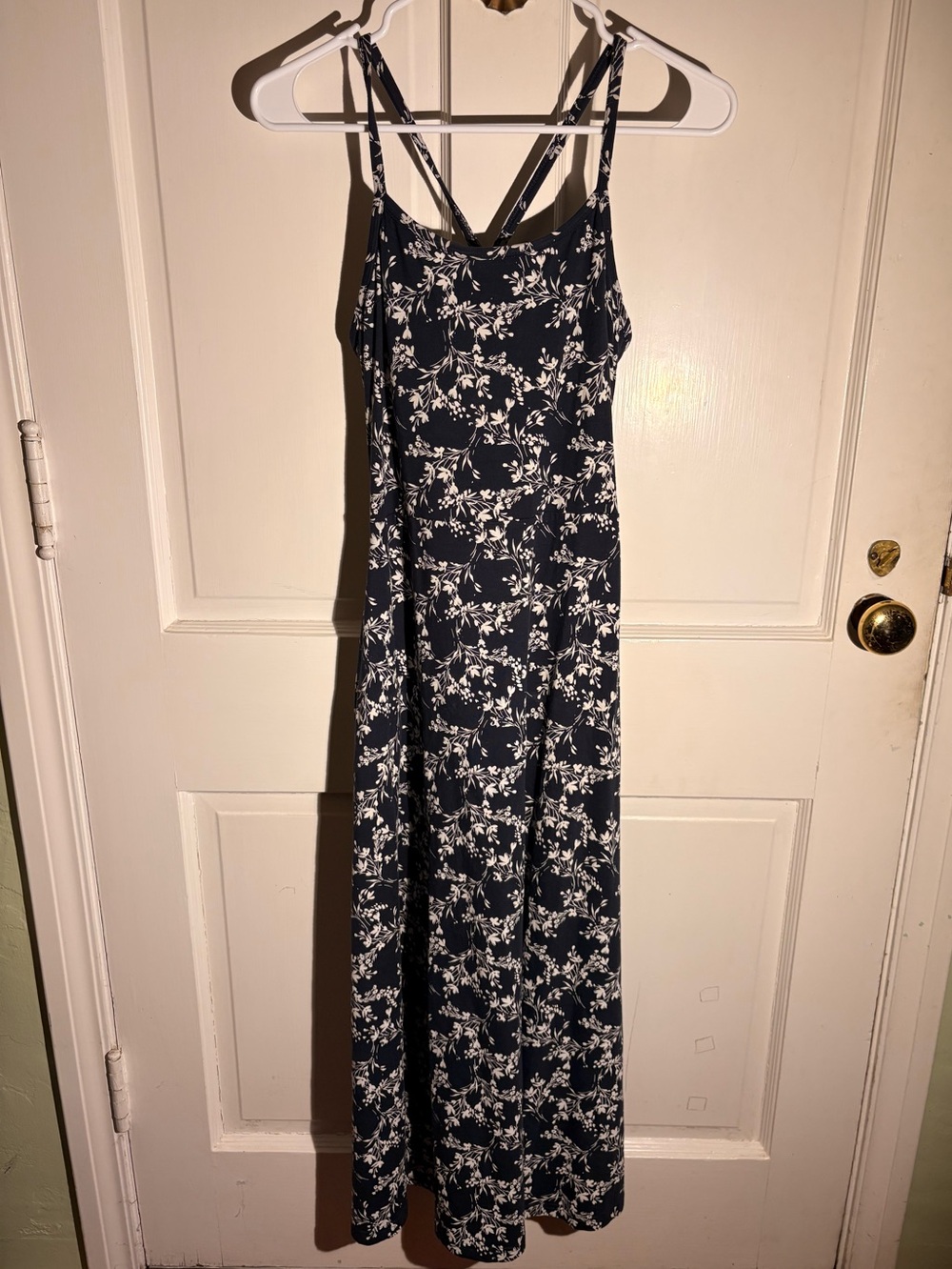 Navy Blue Floral Maxi Dress with White Print